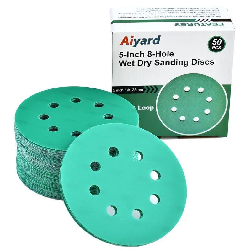 Aiyard 5-Inch 8-Hole Wet Dry Sanding Discs 1000 Grit, Polyester Film Backed Heavy-Duty Hook and Loop Sandpaper for Random Orbital Sander, 50-Pack - Image 1